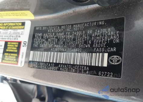 2018 Toyota Camry L z USA, uszkodzony, nr VIN 4T1B11HK4JU546632